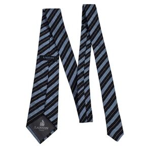 LANVIN Paris Silk Striped Necktie Men's Blue Black Formal Business Power Preppy